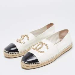 Pre Owned Chanel White//Black Patent Leather Crystal Embellished CC Espadrille Flats Size 40