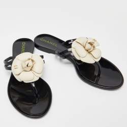 Pre Owned Chanel Black Jelly Camellia Slip On Slides Size 37