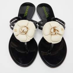 Pre Owned Chanel Black Jelly Camellia Slip On Slides Size 37