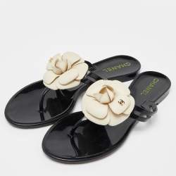 Pre Owned Chanel Black Jelly Camellia Slip On Slides Size 37