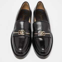 Pre Owned Chanel Black Leather CC Loafers Size 38