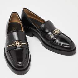 Pre Owned Chanel Black Leather CC Loafers Size 38