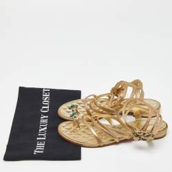 Chanel Gold Leather Embellished Toe Ring Strappy Flat Sandals Size 36