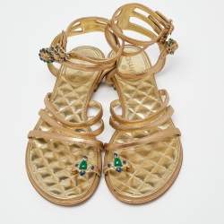 Chanel Gold Leather Embellished Toe Ring Strappy Flat Sandals Size 36