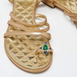 Chanel Gold Leather Embellished Toe Ring Strappy Flat Sandals Size 36