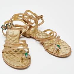 Chanel Gold Leather Embellished Toe Ring Strappy Flat Sandals Size 36