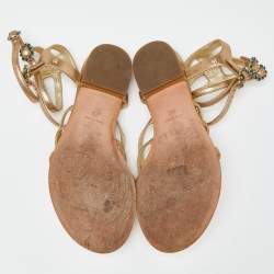 Chanel Gold Leather Embellished Toe Ring Strappy Flat Sandals Size 36
