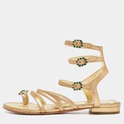 Chanel Gold Leather Embellished Toe Ring Strappy Flat Sandals Size 36