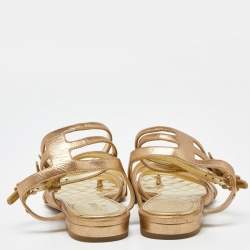 Chanel Gold Leather Embellished Toe Ring Strappy Flat Sandals Size 36