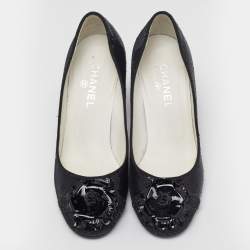 Pre Owned Chanel Black Sequins Camellia CC Block Heel Pumps Size 41