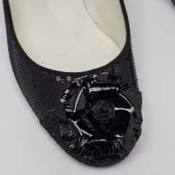 Pre Owned Chanel Black Sequins Camellia CC Block Heel Pumps Size 41