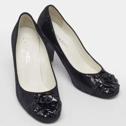 Pre Owned Chanel Black Sequins Camellia CC Block Heel Pumps Size 41