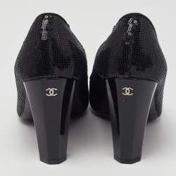 Pre Owned Chanel Black Sequins Camellia CC Block Heel Pumps Size 41