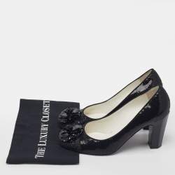 Pre Owned Chanel Black Sequins Camellia CC Block Heel Pumps Size 41