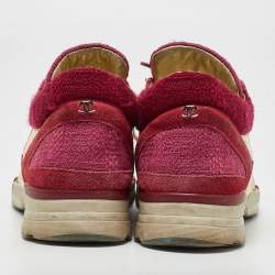 Pre Owned Chanel Pink/Gold Tweed and Leather CC Low Top Sneakers Size 35.5