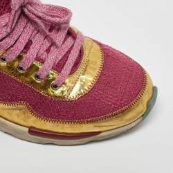 Pre Owned Chanel Pink/Gold Tweed and Leather CC Low Top Sneakers Size 35.5