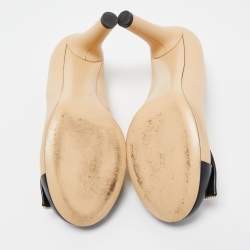 Chanel Black/Beige Leather Pearl Embellished Bow Cap Toe Pumps Size 39
