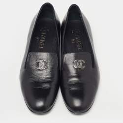 Pre Owned Chanel Black Leather CC Loafers Size 38.5