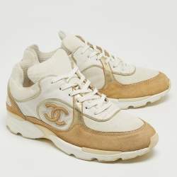 Chanel White/Beige Suede and Canvas CC Low Top Sneakers Size 41
