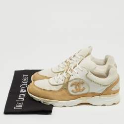 Chanel White/Beige Suede and Canvas CC Low Top Sneakers Size 41