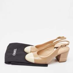Pre Owned Chanel Brown/Cream Leather and Patent Cap Toe CC Slingback Pumps Size 36