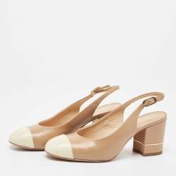 Pre Owned Chanel Brown/Cream Leather and Patent Cap Toe CC Slingback Pumps Size 36