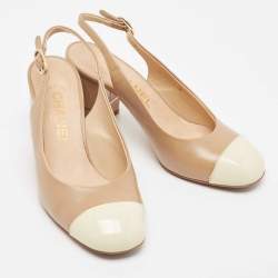 Pre Owned Chanel Brown/Cream Leather and Patent Cap Toe CC Slingback Pumps Size 36