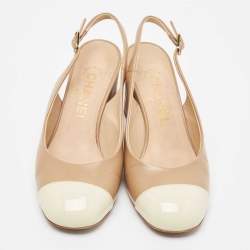 Pre Owned Chanel Brown/Cream Leather and Patent Cap Toe CC Slingback Pumps Size 36