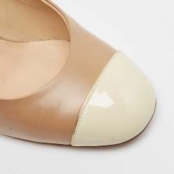 Pre Owned Chanel Brown/Cream Leather and Patent Cap Toe CC Slingback Pumps Size 36