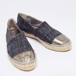 Pre Owned Chanel Metallic Tweed and Leather Cap Toe CC Espadrille Flats Size 41