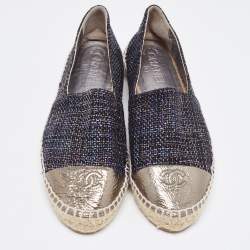 Pre Owned Chanel Metallic Tweed and Leather Cap Toe CC Espadrille Flats Size 41