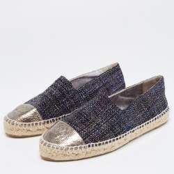 Pre Owned Chanel Metallic Tweed and Leather Cap Toe CC Espadrille Flats Size 41