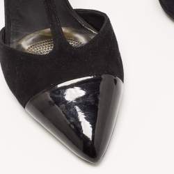 Pre Owned Chanel Black Suede and Patent Cap Toe CC T-Strap Pumps Size 39.5