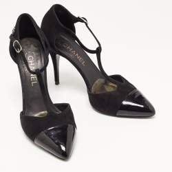 Pre Owned Chanel Black Suede and Patent Cap Toe CC T-Strap Pumps Size 39.5