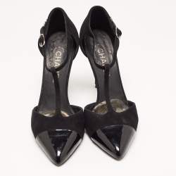 Pre Owned Chanel Black Suede and Patent Cap Toe CC T-Strap Pumps Size 39.5
