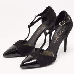 Pre Owned Chanel Black Suede and Patent Cap Toe CC T-Strap Pumps Size 39.5