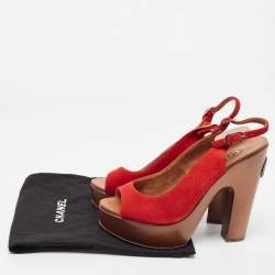 Pre Owned Chanel Red Suede Wooden Block Heel Slingback Platform Pumps Size 38