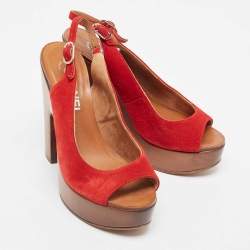 Pre Owned Chanel Red Suede Wooden Block Heel Slingback Platform Pumps Size 38