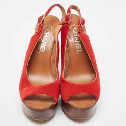 Pre Owned Chanel Red Suede Wooden Block Heel Slingback Platform Pumps Size 38