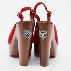 Pre Owned Chanel Red Suede Wooden Block Heel Slingback Platform Pumps Size 38