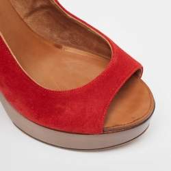 Pre Owned Chanel Red Suede Wooden Block Heel Slingback Platform Pumps Size 38