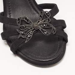 Chanel Black Fabric Embellished Bow Ankle Strap Sandals Size 37