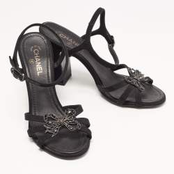 Chanel Black Fabric Embellished Bow Ankle Strap Sandals Size 37