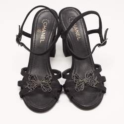 Chanel Black Fabric Embellished Bow Ankle Strap Sandals Size 37
