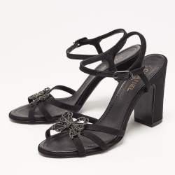 Chanel Black Fabric Embellished Bow Ankle Strap Sandals Size 37
