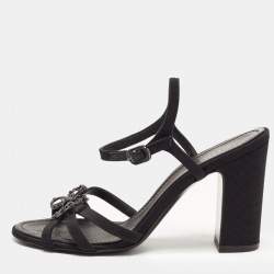 Chanel Black Fabric Embellished Bow Ankle Strap Sandals Size 37