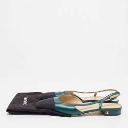 Pre Owned Chanel Green/Black Leather and Fabric Cap Toe CC D'osray Slingback Flats Size 41