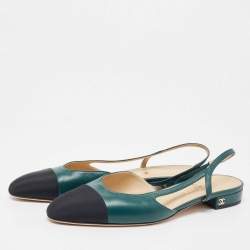 Pre Owned Chanel Green/Black Leather and Fabric Cap Toe CC D'osray Slingback Flats Size 41