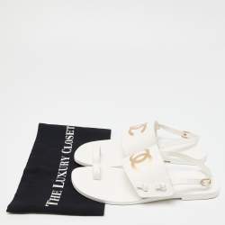 Pre Owned Chanel White Leather CC Toe Ring Slingback Sandals Size 38.5