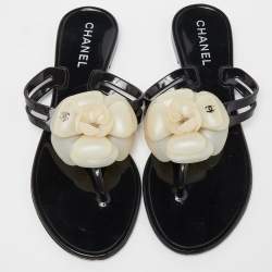 Chanel Black Jelly Camelia Thong Flat Sandals Size 37